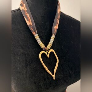 Gold Heart Pendant Necklace with Beaded Ribbon - Women Jewelry